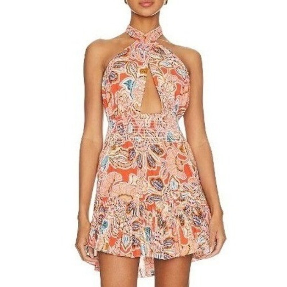 Misa Tula Mini Dress Tangerine Flora Halter Neck Cotton Backless Ruffle L NWT